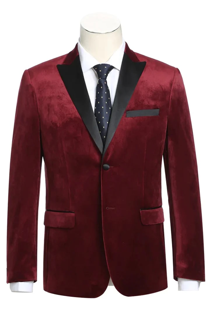 Red Prom Tuxedo Suit - Red Wedding Suit - Mens Two Button Peak Lapel Velvet Prom Tuxedo Blazer
