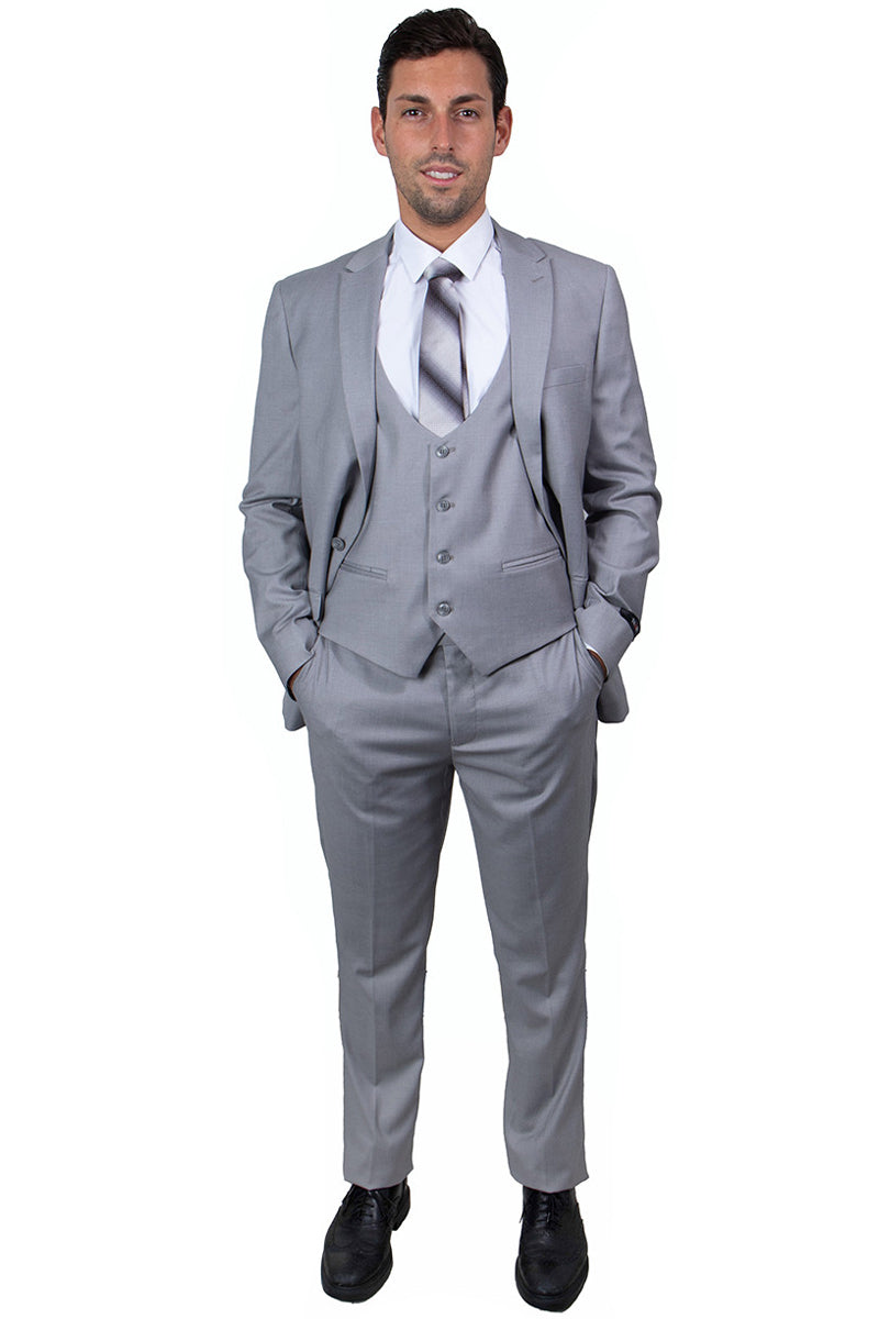Men's Light Grey Peak Lapel Skinny Suit with Vest