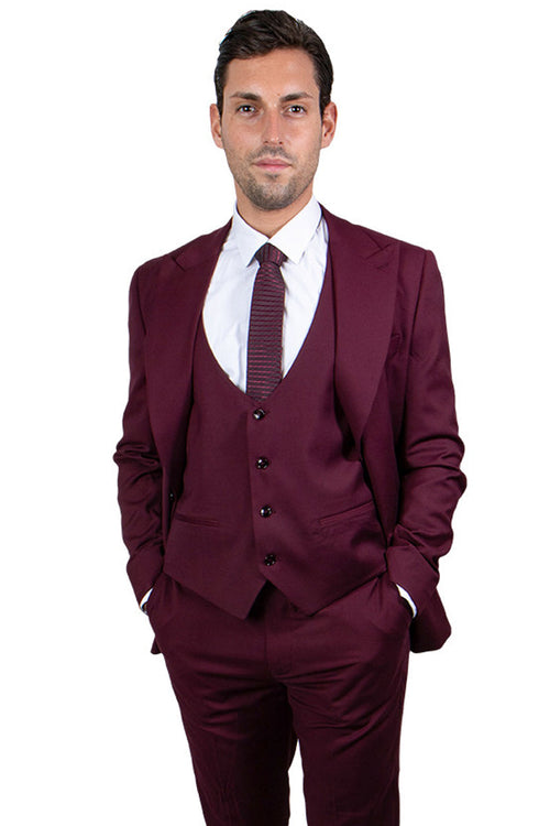 Men's Stacy Adams Vested Burgundy Suit - Classy 1-Button Peak Lapel