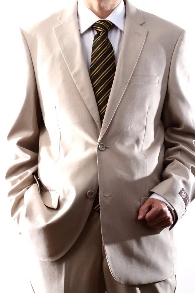 Caravelli Brand Suits - Mens 2 Button Superior 150s Beige Wool Feel Suit Flat Front Pant – SuitUSA