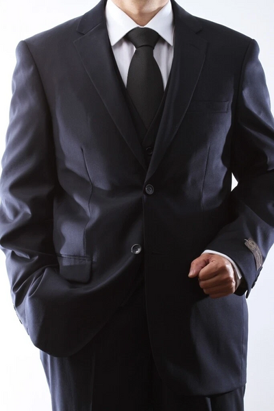 Caravelli Brand Suits - Mens 2 Button Superior 150s P/R Wool Feel Navy 3pc Vested Suit