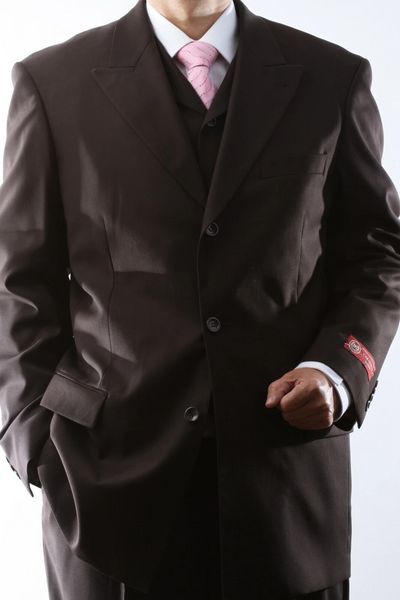 Caravelli Brand Suits - Mens 2 Button Superior 150s P/R Wool Feel 3 Button Brown 3pc Vested Suit