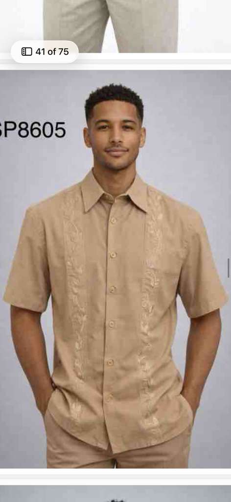 Mens Tan Embroidered Walking Suit Set – Short Sleeve Shirt and Pants Casual Summer Outfit for Vacation, Beach in khaki Beige Color