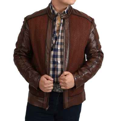 Men’s Brown Woven Cowhide & Sheepskin Leather Denim Jacket