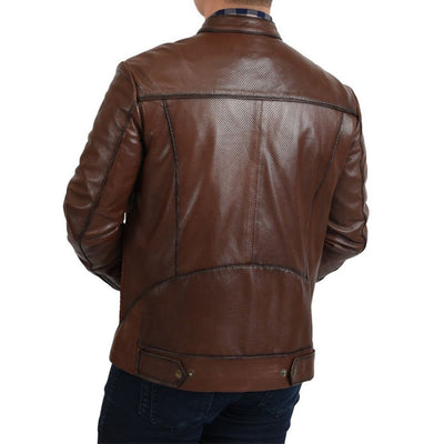 Men’s Brown Woven Cowhide & Sheepskin Leather Denim Jacket