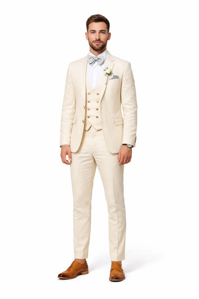 Champagne Color Suit With Double Breasted Vest in Light Tan Sand Color - Slim Fitted Summer Wedding Suit