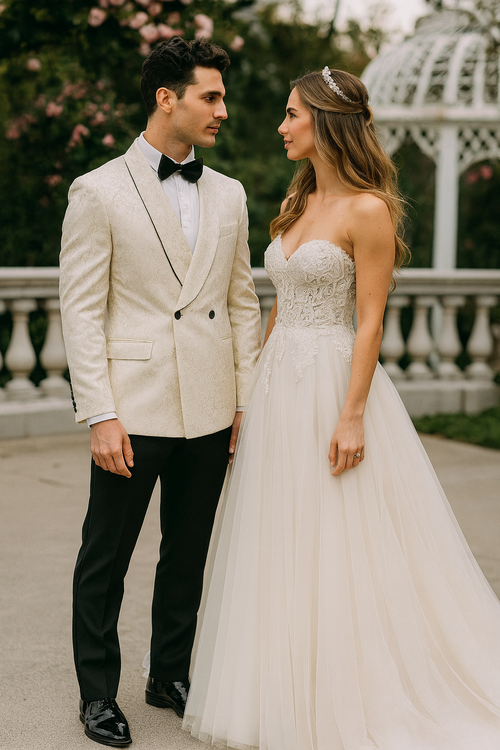 Champagne Double Breasted Paisley Tuxedo β Three Piece Set