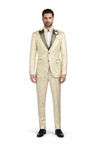 Champagne Gold Floral Tuxedo Suit for Men – Two-Piece Wedding Tux with Bow Tie and Satin Lapel