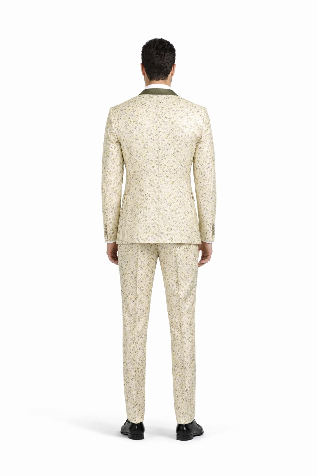 Champagne Gold Floral Tuxedo Suit for Men – Two-Piece Wedding Tux with Bow Tie and Satin Lapel