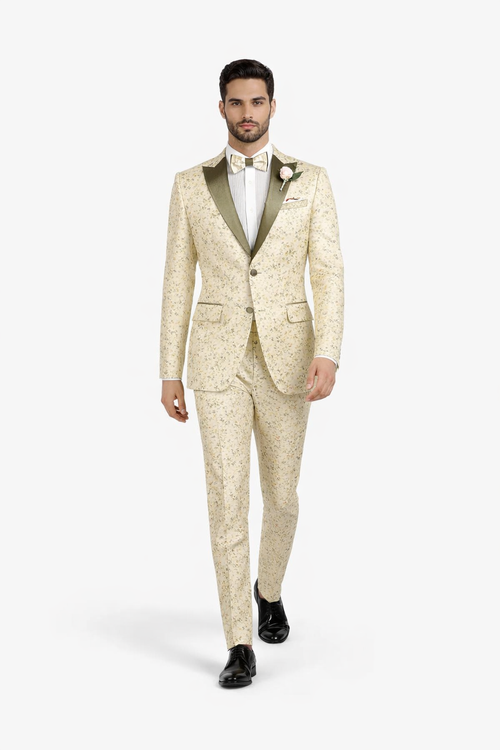 Champagne Gold Floral Tuxedo Suit for Men – Two-Piece Wedding Tux with Bow Tie and Satin Lapel