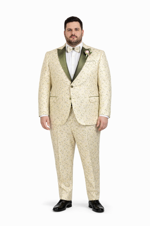 Champagne Gold Floral Tuxedo Suit for Men – Two-Piece Wedding Tux with Bow Tie and Satin Lapel