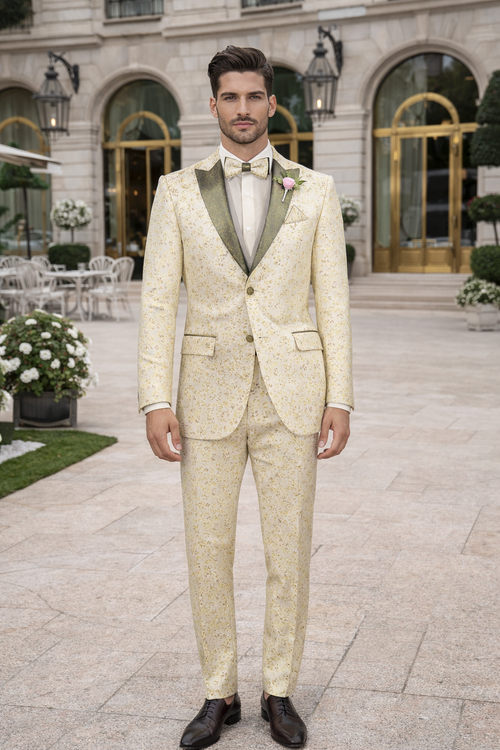 Champagne Gold Floral Tuxedo Suit for Men – Two-Piece Wedding Tux with Bow Tie and Satin Lapel