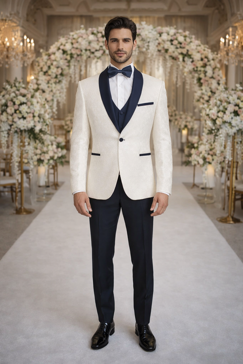 Elegant White Metallic Flake Navy Tuxedo – Men’s 3-Piece Formal Suit