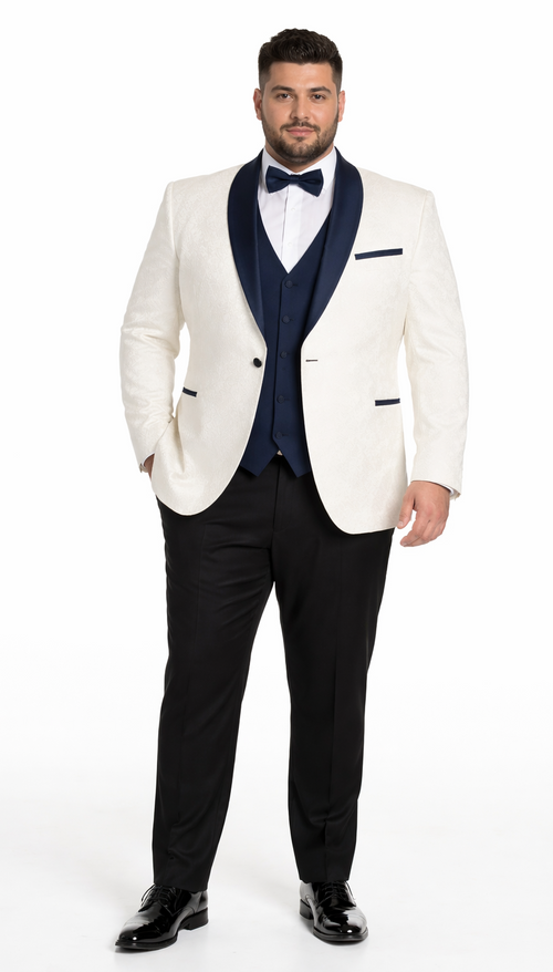Elegant White Metallic Flake Navy Tuxedo – Men’s 3-Piece Formal Suit