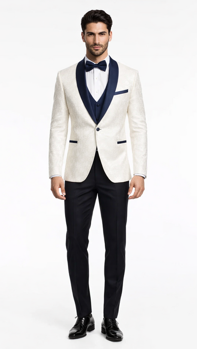 Elegant White Metallic Flake Navy Tuxedo – Men’s 3-Piece Formal Suit