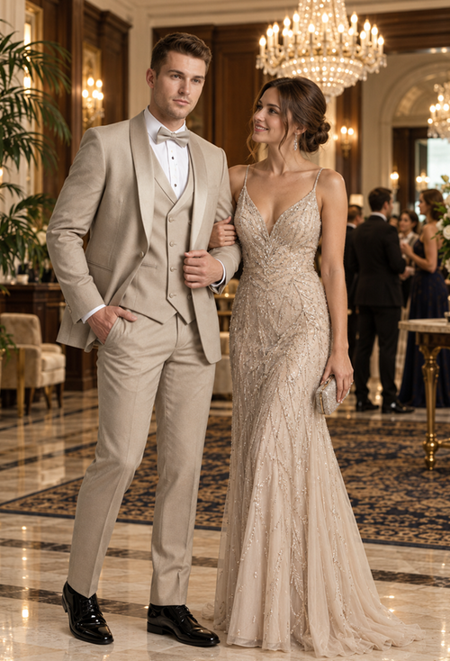 Champagne Modern Shawl Lapel Tuxedo Set β Wedding & Prom