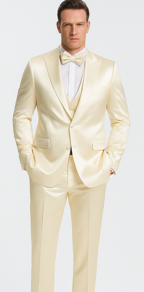 Stylish Champagne Satin 3 Piece Slim Fit Tazzio Men's Suit with Double Breasted Vest and Peak Lapel