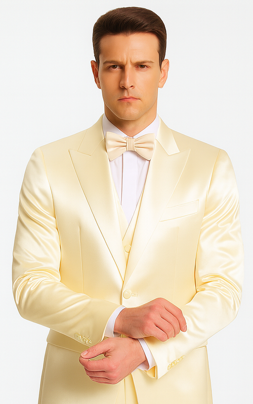 Stylish Champagne Satin 3 Piece Slim Fit Tazzio Men's Suit with Double Breasted Vest and Peak Lapel