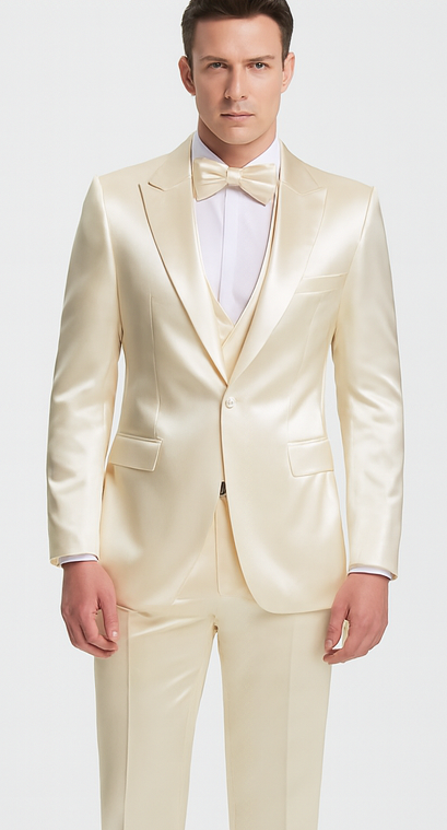 Stylish Champagne Satin 3 Piece Slim Fit Tazzio Men's Suit with Double Breasted Vest and Peak Lapel