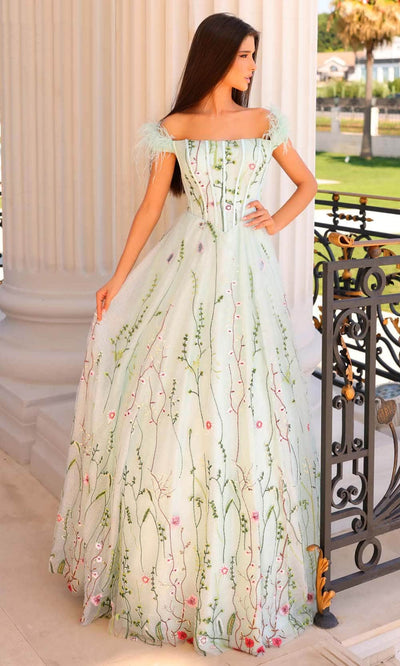 Clarisse 810895 A-Line Off the Shoulder Cap Sleeves Corset Open Back Jersey Prom Dress