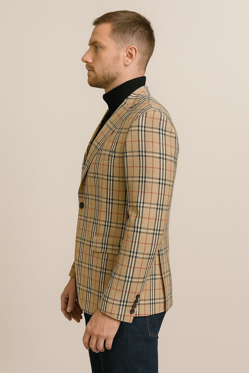 Classic Beige Checkered Blazer - Tan Plaid Sport Coat - Camel Windowpane Pattern by USA Men's Outlet