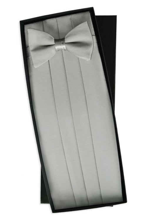 Silver Silk Cummerbund & Bow Tie Set Classic Collection