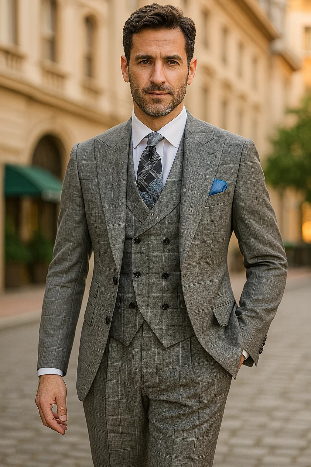 classic-wool-fabric-fit-no-pleated-pants-peak-lapel-with-double-breasted-vest-athletic-fit-grey-windowpane-mens-suit