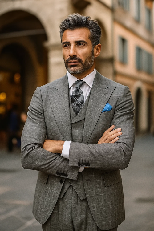 classic-wool-fabric-fit-no-pleated-pants-peak-lapel-with-double-breasted-vest-athletic-fit-grey-windowpane-mens-suit