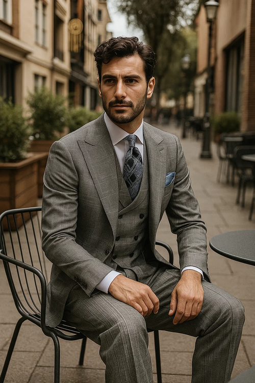 classic-wool-fabric-fit-no-pleated-pants-peak-lapel-with-double-breasted-vest-athletic-fit-grey-windowpane-mens-suit