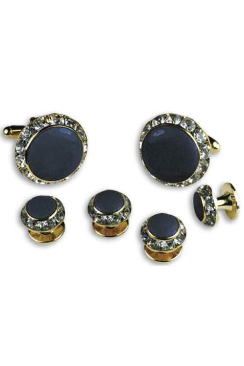 Navy Enamel Rhinestones Border Studs and Cufflinks Set by Classix