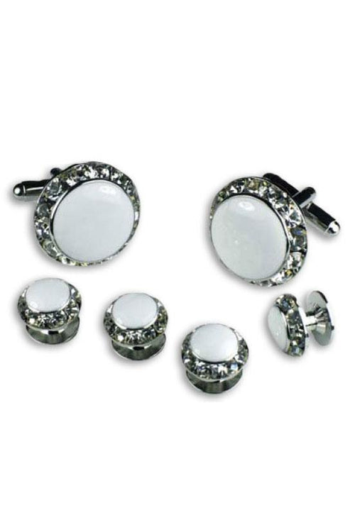 White Enamel Rhinestones Border Studs and Cufflinks Set by Classix