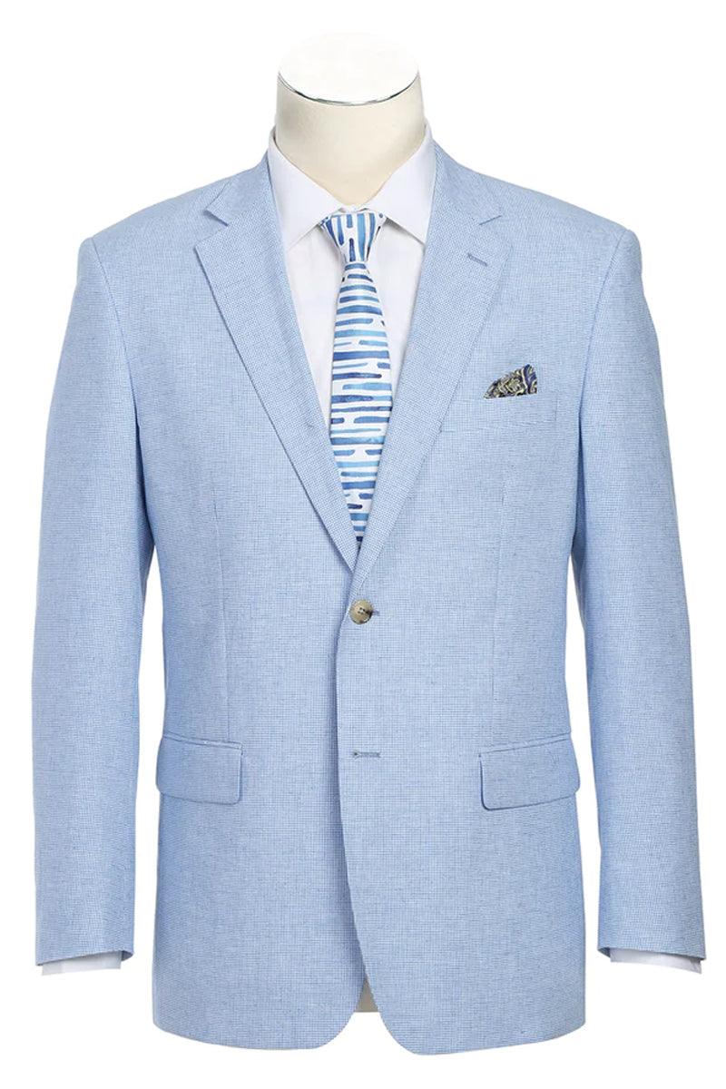 Collection
Renoir Sky Blue Houndstooth Linen-Cotton Blazer: Classic 2-Button Sport Coat - Elegant Mensattire