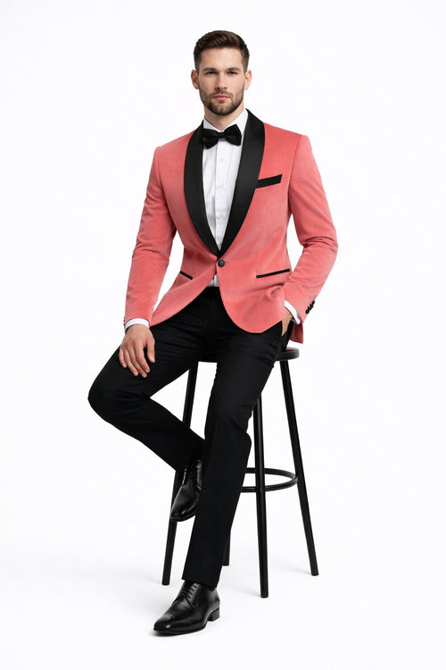 Men’s Coral Pink Tuxedo Jacket with Black Satin Shawl Lapel Velvet Fabric - Modern Slim Fit Formal Blazer from USA Men's Outlet