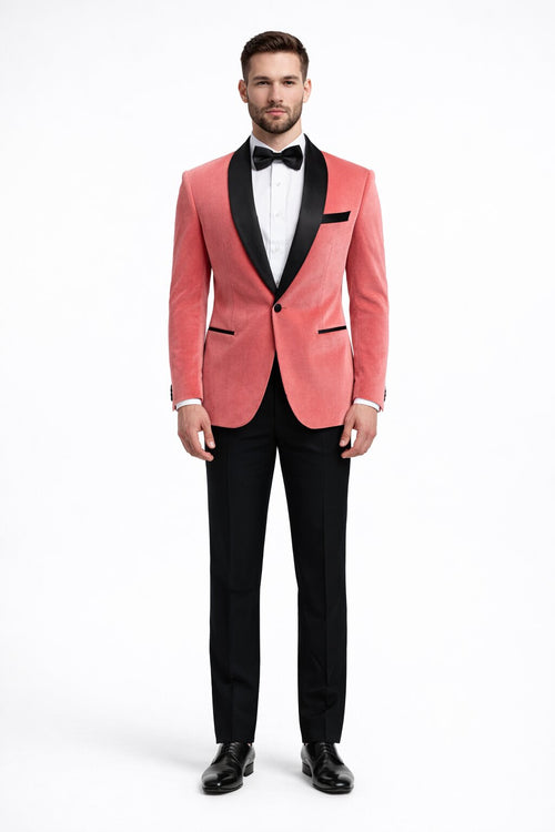 Men’s Coral Pink Tuxedo Jacket with Black Satin Shawl Lapel Velvet Fabric - Modern Slim Fit Formal Blazer from USA Men's Outlet