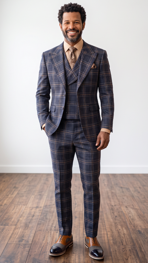 Statement Men's 3-Piece 100% Wool Tailored Fit Plaid Suit - Double Breasted Vest - Navy