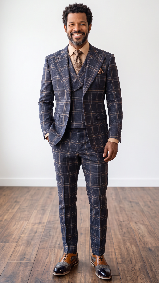 Statement Men's 3-Piece 100% Wool Tailored Fit Plaid Suit - Double Breasted Vest - Navy