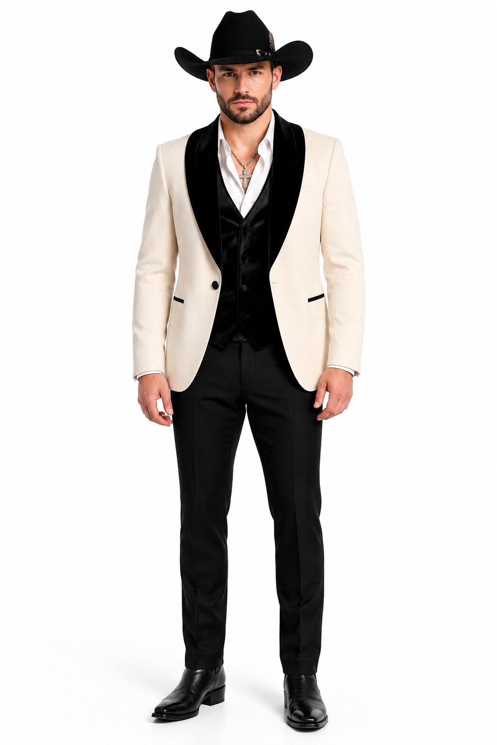 Mens Western Tuxedo Suit – Cream Cowboy Blazer with Black Velvet Vest and Satin Shawl Lapel – SuitUSA