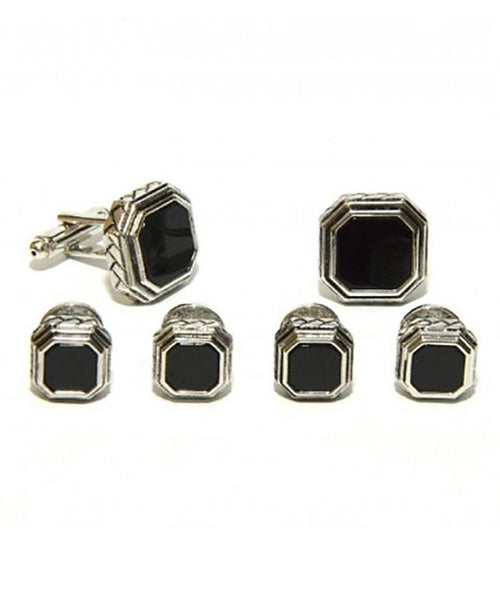Black Octagon Onyx in Antique Silver Setting Studs & Cufflinks Set by Cristoforo Cardi