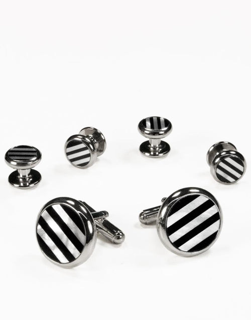Black & White Circular Onyx and Mother of Pearl Stripes with Silver Trim Studs and Cufflinks Set by Cristoforo Cardi