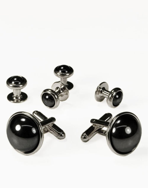 Hematite Dome with Silver Trim Studs and Cufflinks Set by Cristoforo Cardi