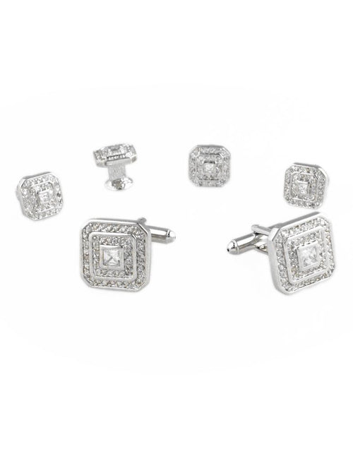 Square CZ with Silver Trim Studs and Cufflinks Set by Cristoforo Cardi