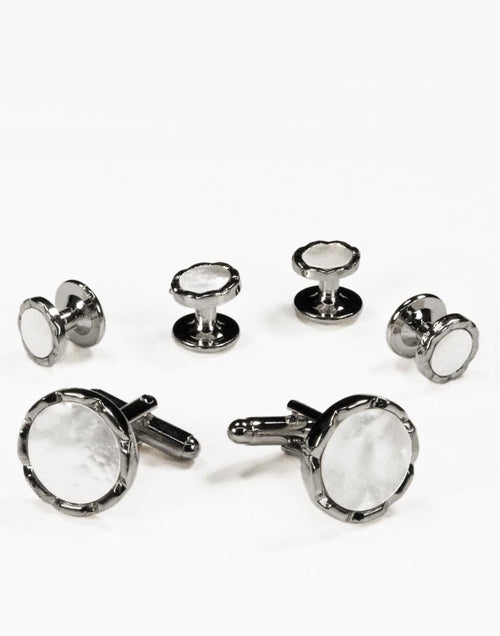 White Circular Mother of Pearl with Silver Diamond Cut Edge Studs and Cufflinks Set by Cristoforo Cardi