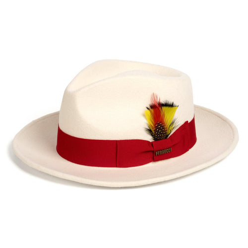 Crushable White/Red 100% Australian Wool Fedora Hat - Ferrecci USA