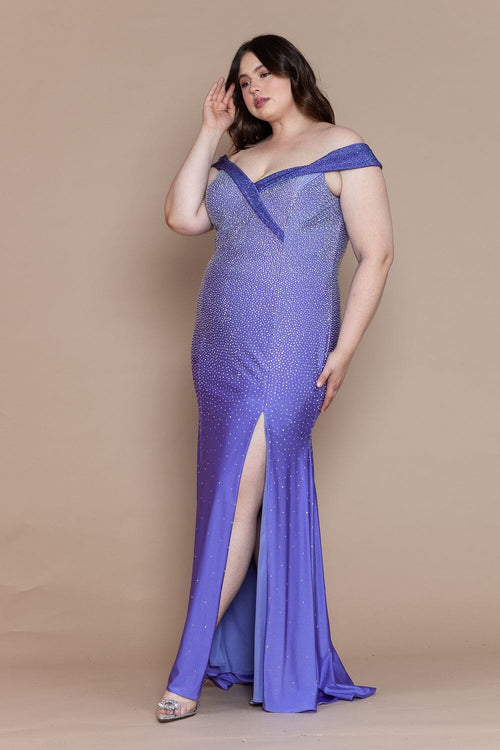 Poly USA W1120 Curve Fitted Off Shoulder Rhinestone Gown