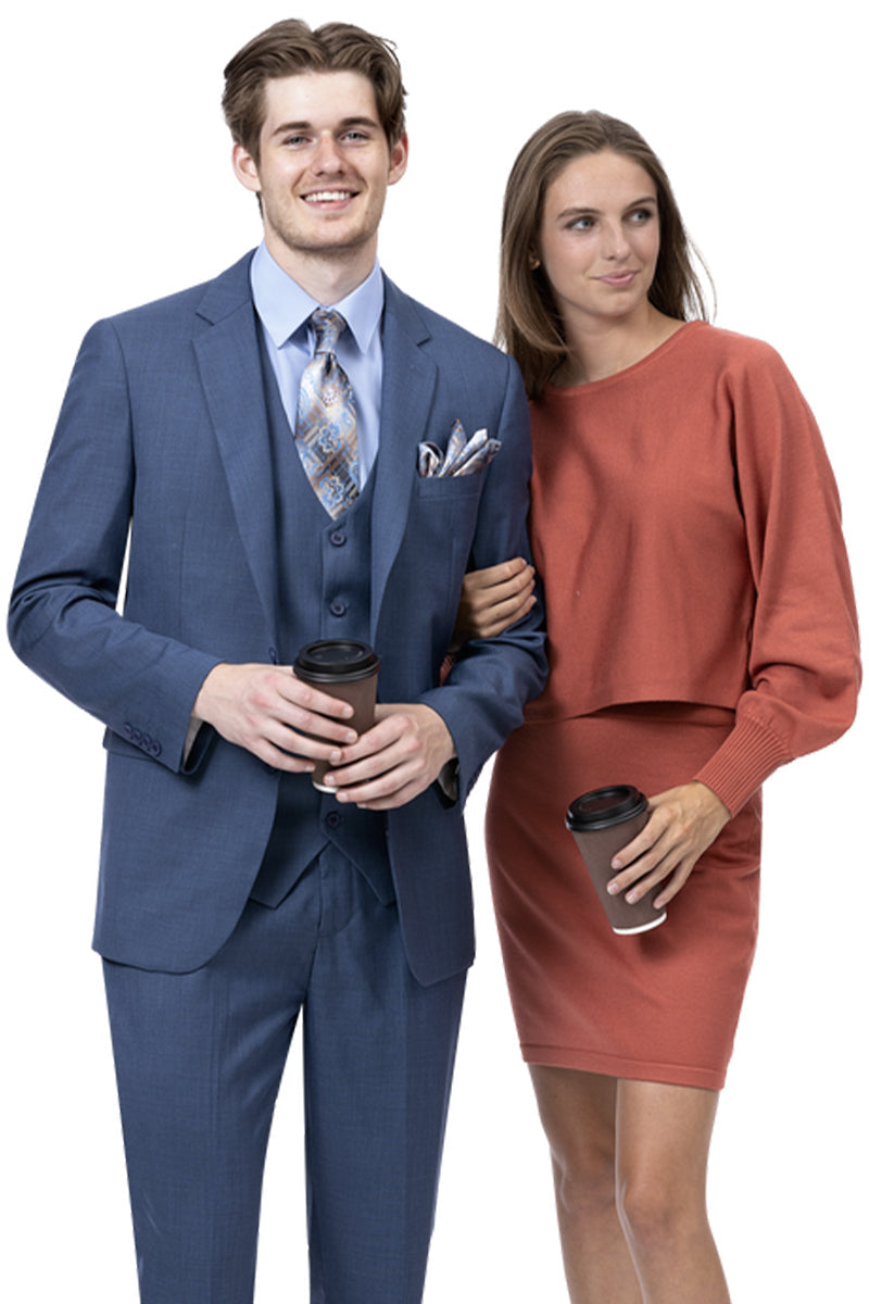 Men Modern Fits Two Button Vested Sharkskin Business Suit in Midnight Blue – SuitUSA