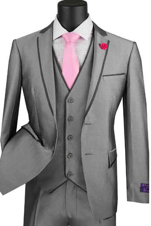 Mens Ultra Slim Fit Vested Suit with Trim in Black by Vinci