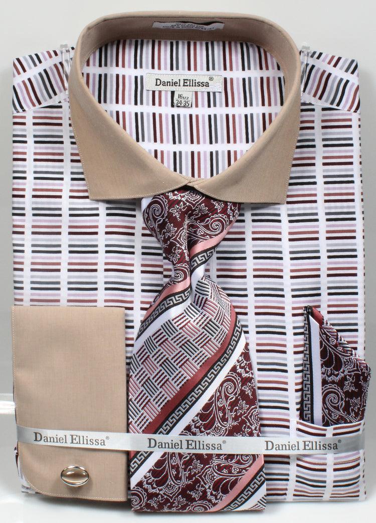 Daniel Ellissa Classic Beige Multi-Stripe Shirt & Tie Set - Wide Spread Collar & Contrast Cuffs - USA Men's Outlet – SuitUSA