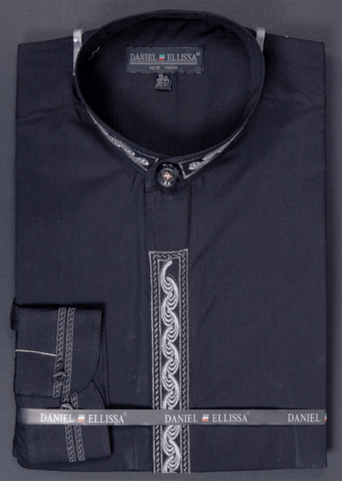 Daniel Ellissa Men's Black Dress Shirt w/Grey Wave Embroidery | Regular Fit Band Collar - USA Men's Outlet – SuitUSA