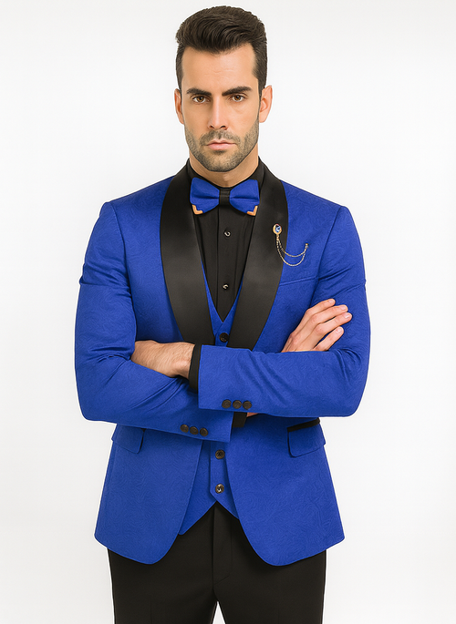 Dark Blue Wedding Suit MEN'S SLIM FIT VESTED PAISLEY WEDDING TUXEDO IN ROYAL BLUE