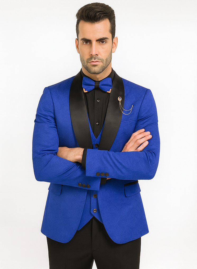 Dark Blue Wedding Suit MEN'S SLIM FIT VESTED PAISLEY WEDDING TUXEDO IN ROYAL BLUE